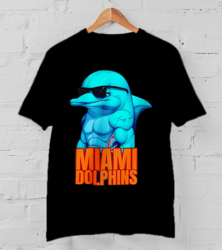 Miami Dolphins Fins Up Muscular Cartoon Sunglasses Tattoo T-Shirt