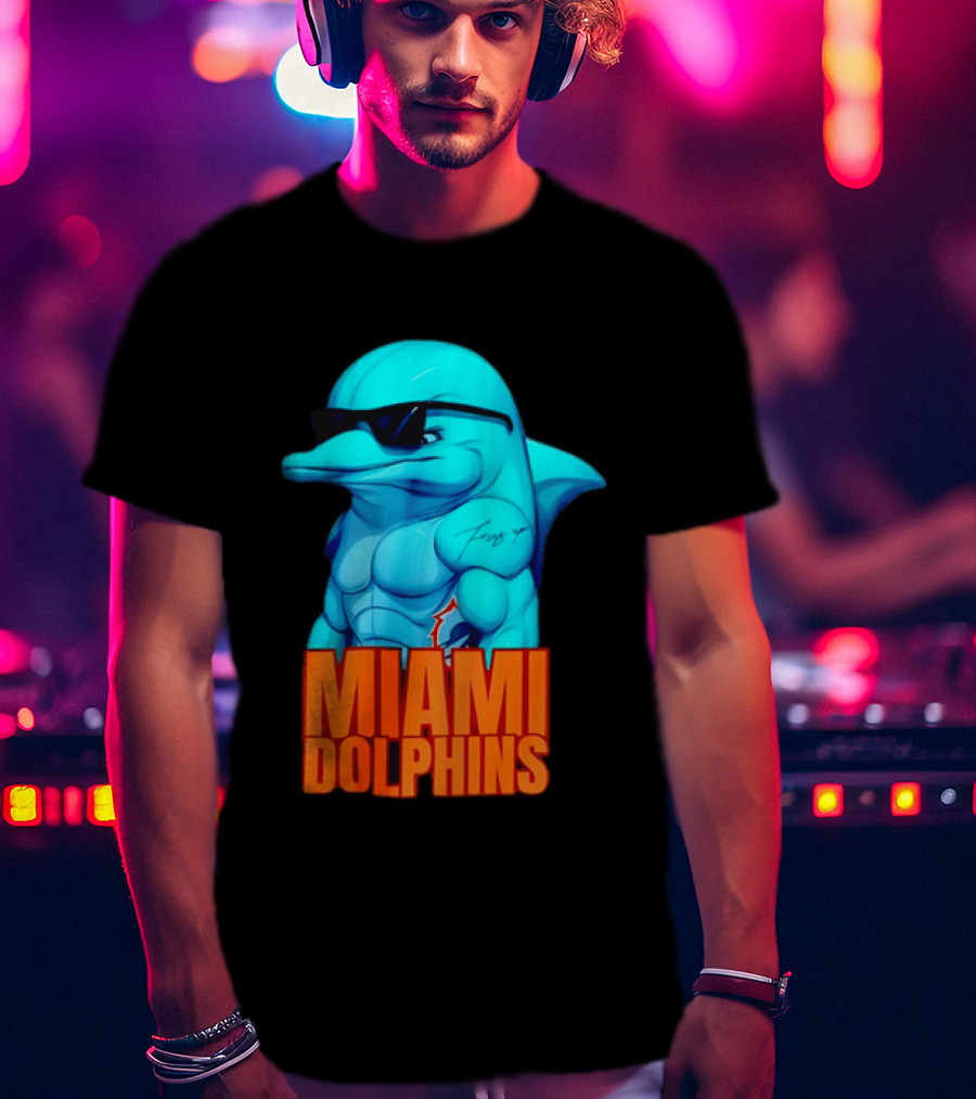 Miami Dolphins Fins Up Muscular Cartoon Sunglasses Tattoo T-Shirt