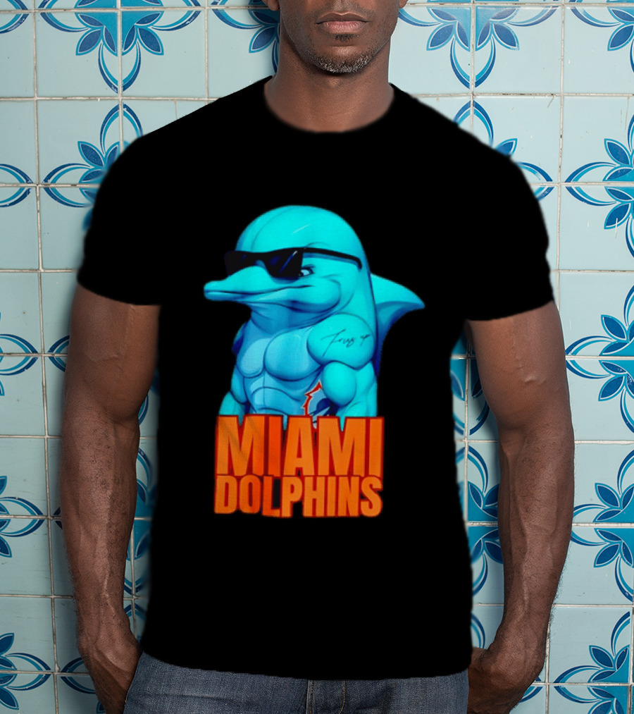 Miami Dolphins Fins Up Muscular Cartoon Sunglasses Tattoo T-Shirt