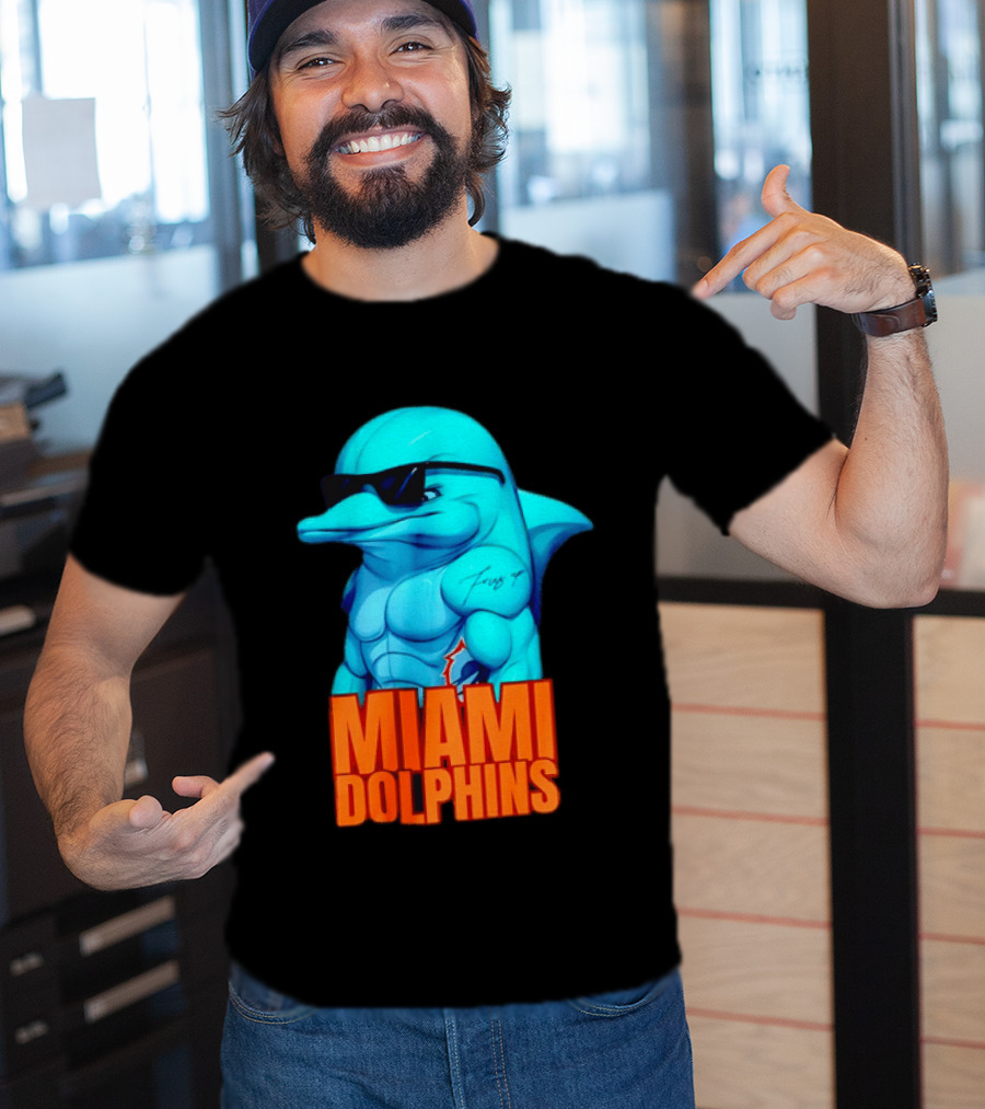 Miami Dolphins Fins Up Muscular Cartoon Sunglasses Tattoo T-Shirt