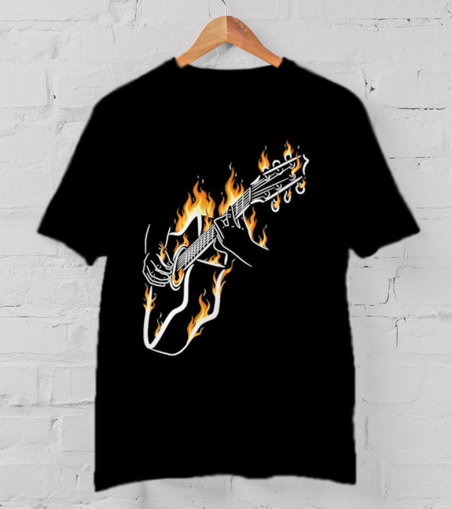 Musician Hands Flaming Acoustic Guitar White Line Artistry T-Shirt
