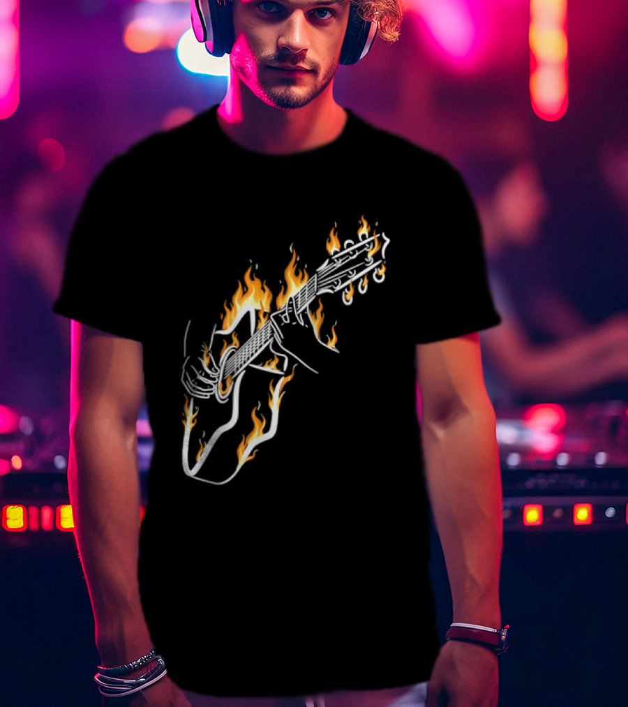 Musician Hands Flaming Acoustic Guitar White Line Artistry T-Shirt