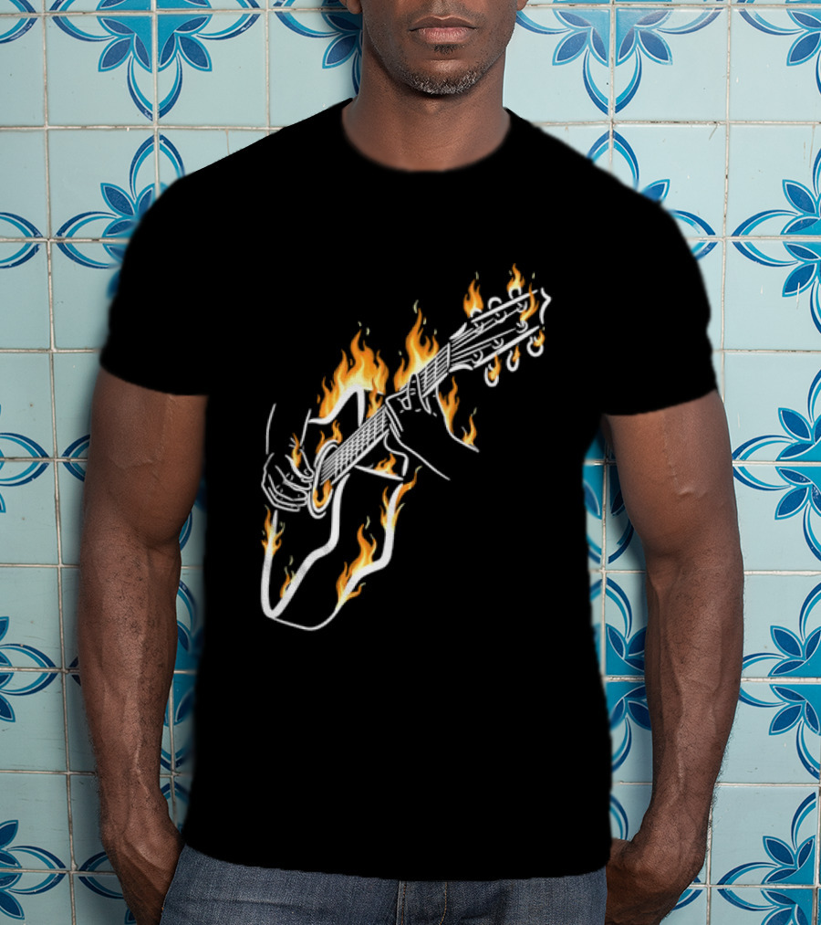 Musician Hands Flaming Acoustic Guitar White Line Artistry T-Shirt
