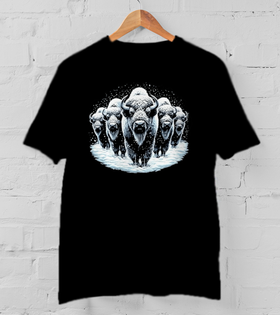 Five Snowbound American Bison Herd Winter Blizzard Snowdrift T-Shirt