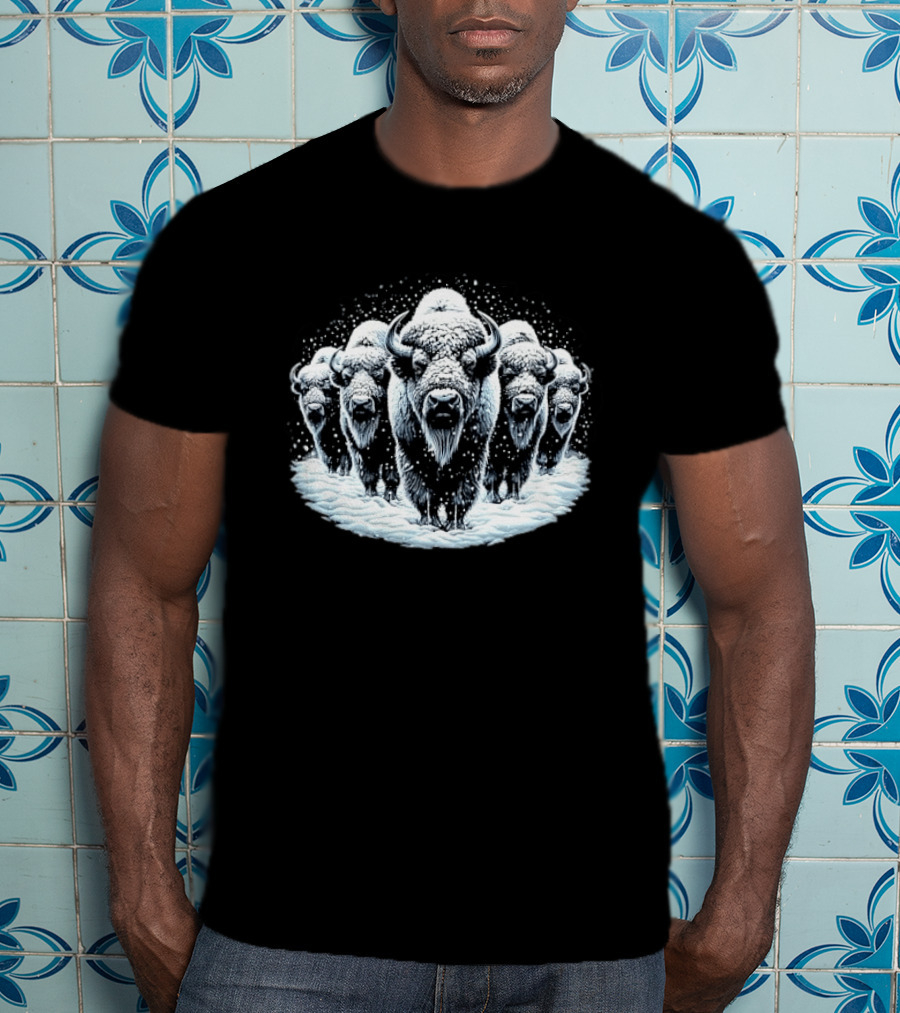 Five Snowbound American Bison Herd Winter Blizzard Snowdrift T-Shirt