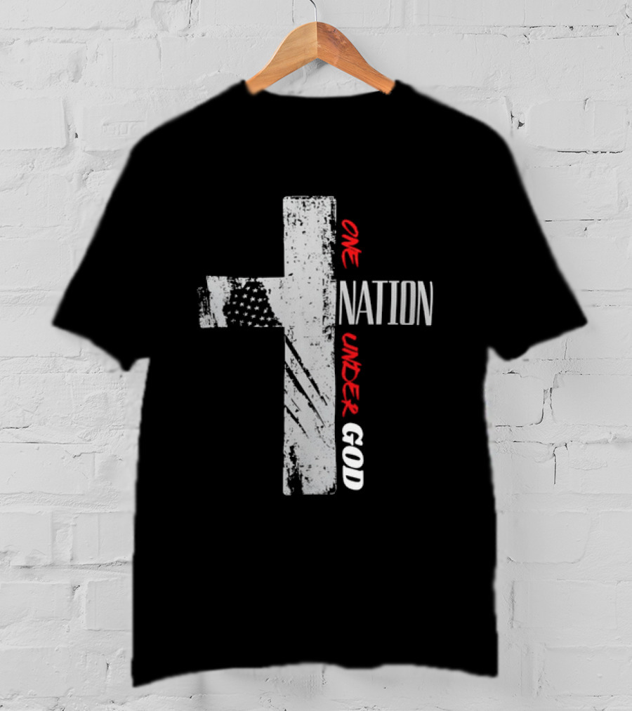 One Nation Under God Distressed Cross American Flag Stars T-Shirt