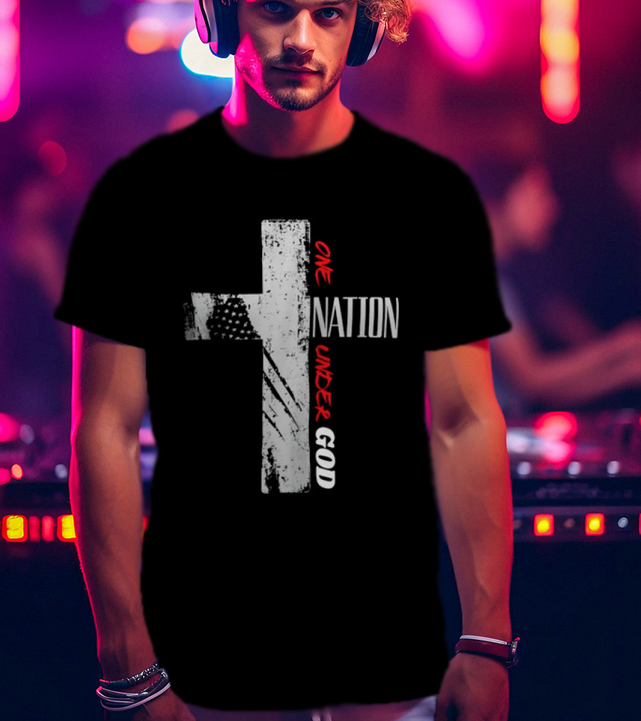 One Nation Under God Distressed Cross American Flag Stars T-Shirt