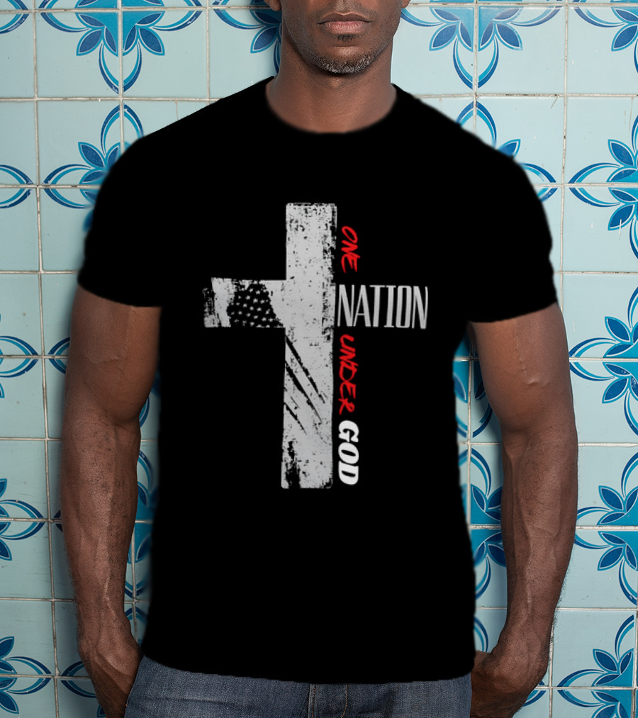 One Nation Under God Distressed Cross American Flag Stars T-Shirt