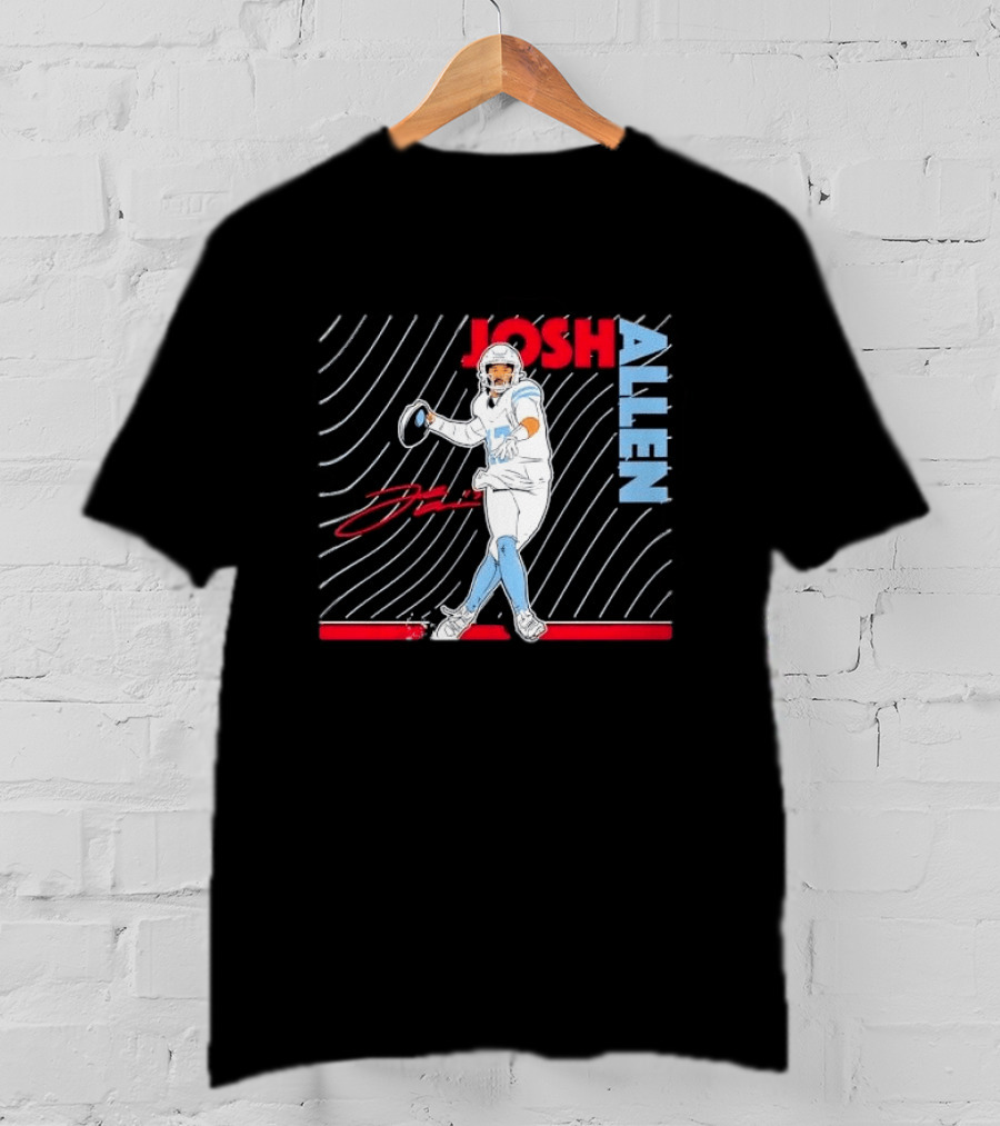 Josh Allen Quarterback Throwing Football Wavy Line Illustration With Bold Name T-Shirt