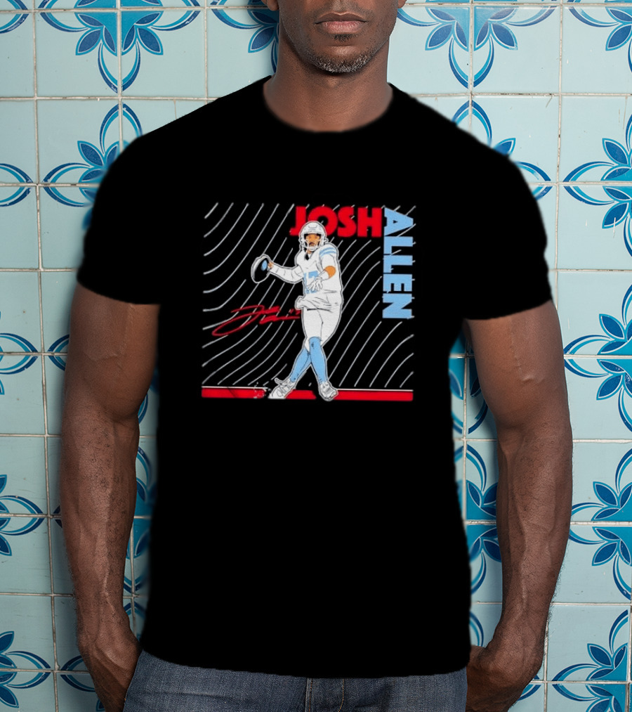 Josh Allen Quarterback Throwing Football Wavy Line Illustration With Bold Name T-Shirt