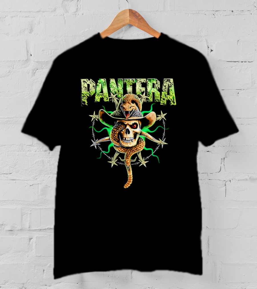 Pantera Rattlesnake Coiled Skull Cowboy Hat Green Glow T-Shirt