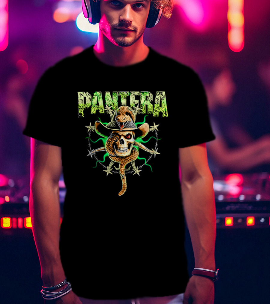 Pantera Rattlesnake Coiled Skull Cowboy Hat Green Glow T-Shirt