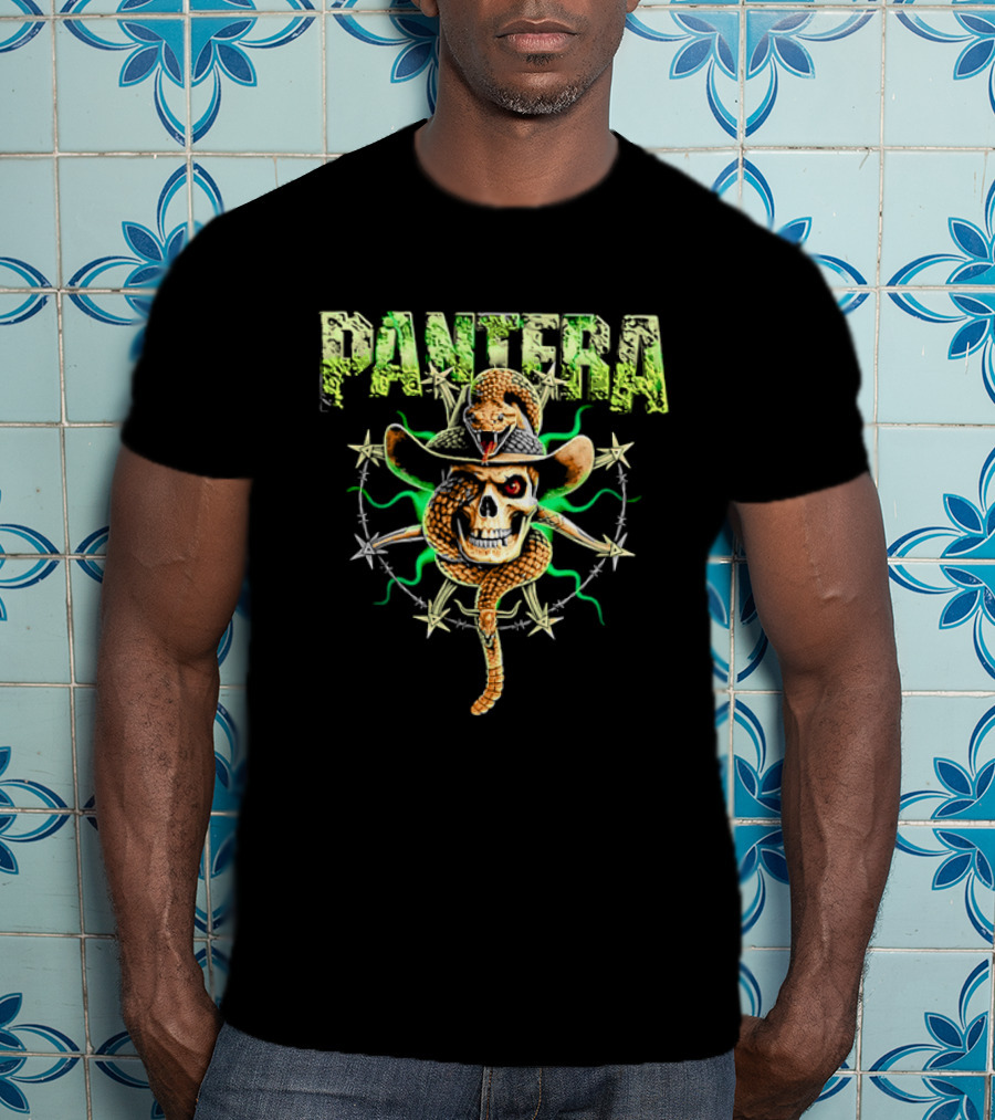 Pantera Rattlesnake Coiled Skull Cowboy Hat Green Glow T-Shirt