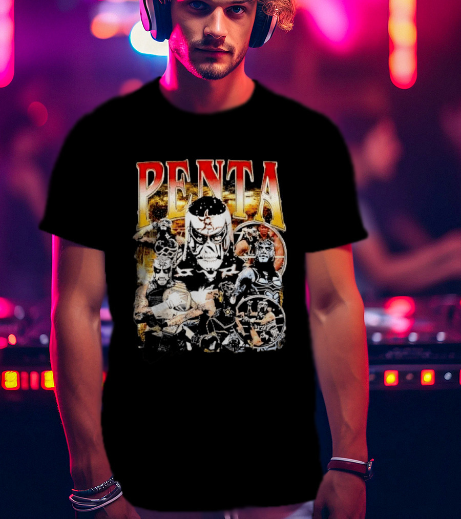 Penta Masked Luchador Wrestler Belt Photo Collage Bootleg T-Shirt