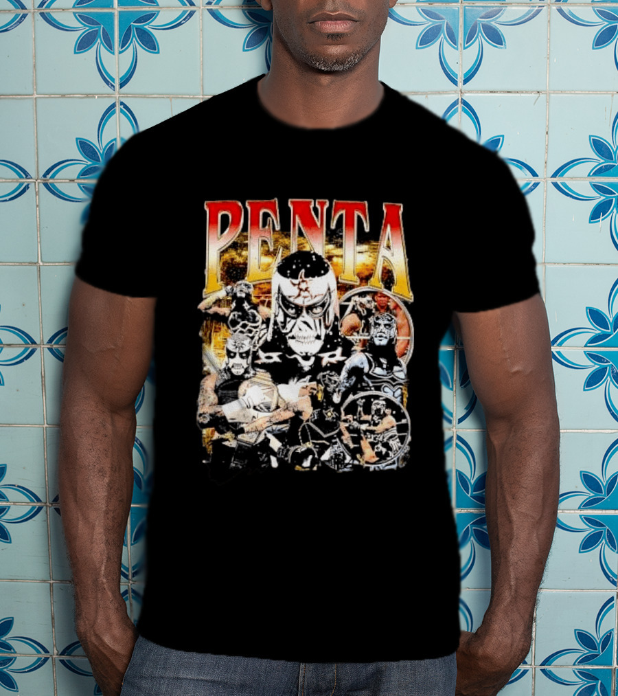 Penta Masked Luchador Wrestler Belt Photo Collage Bootleg T-Shirt