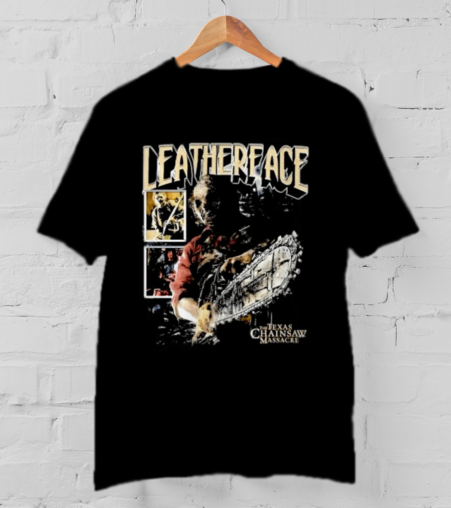 Leatherface Texas Chainsaw Massacre Horror Collage Holding Saw T-Shirt