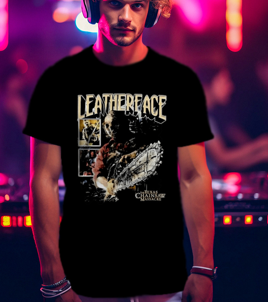 Leatherface Texas Chainsaw Massacre Horror Collage Holding Saw T-Shirt