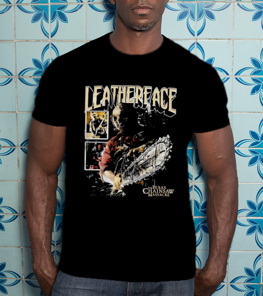 Leatherface Texas Chainsaw Massacre Horror Collage Holding Saw T-Shirt