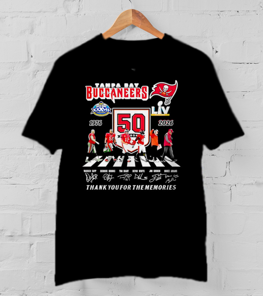 Tampa Bay Buccaneers 50th Anniversary Thank You For The Memories Warren Sapp Derrick Brooks Abbey Road Crosswalk 1976 2026 T-Shirt