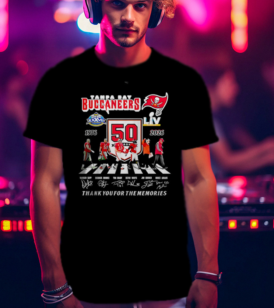 Tampa Bay Buccaneers 50th Anniversary Thank You For The Memories Warren Sapp Derrick Brooks Abbey Road Crosswalk 1976 2026 T-Shirt