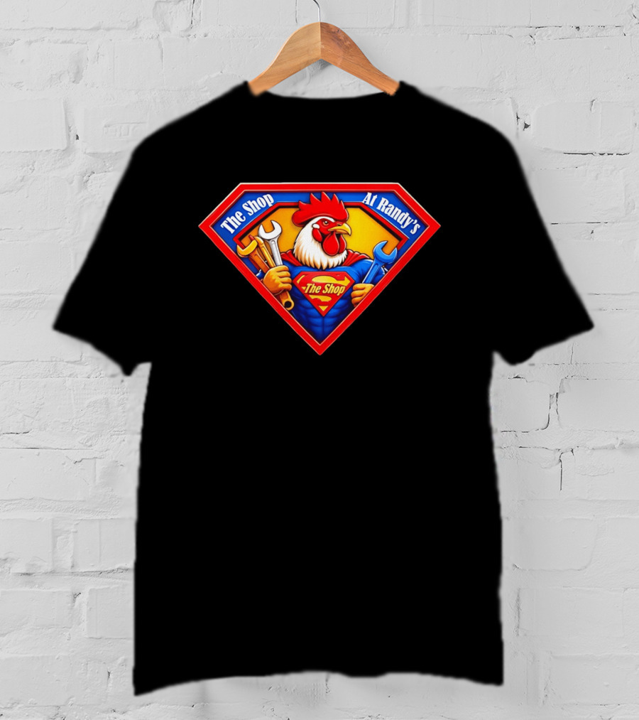 The Shop At Randy's Cartoon Rooster Superhero Wrenches Crest T-Shirt