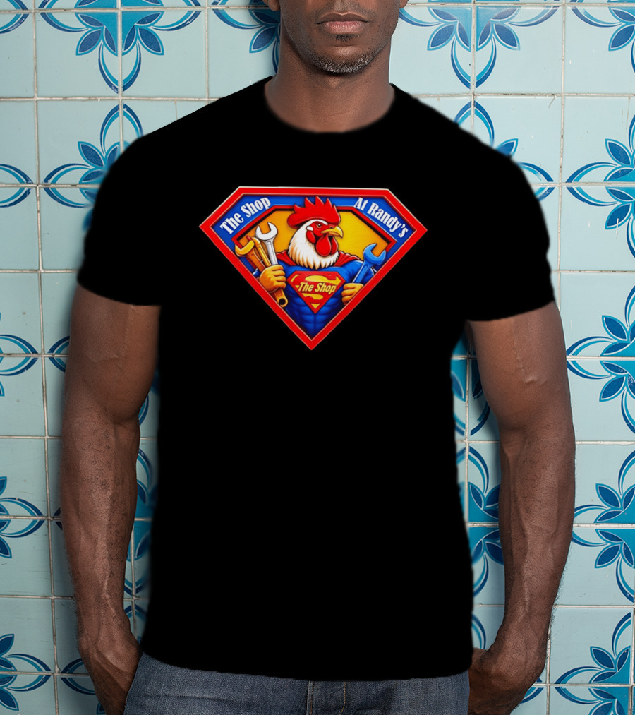 The Shop At Randy's Cartoon Rooster Superhero Wrenches Crest T-Shirt