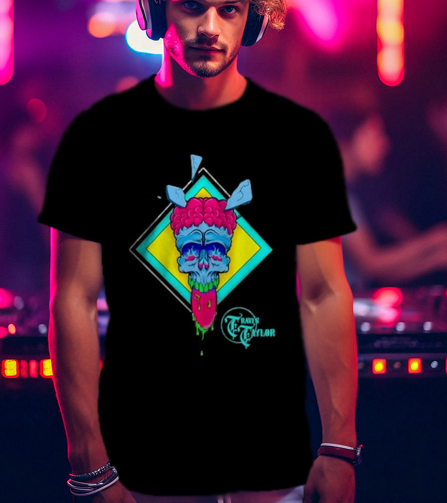 Travis Taylor Neon Skull Pink Brain Green Slime Tongue Diamond Geometric T-Shirt