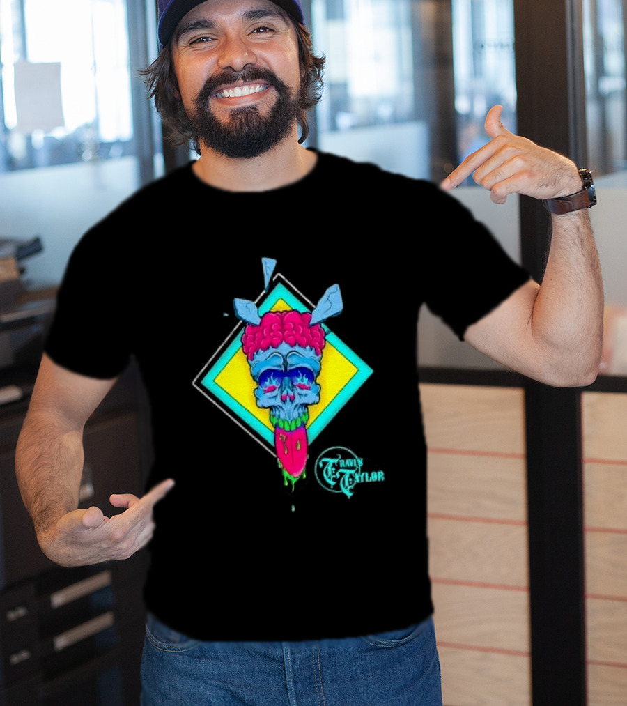 Travis Taylor Neon Skull Pink Brain Green Slime Tongue Diamond Geometric T-Shirt