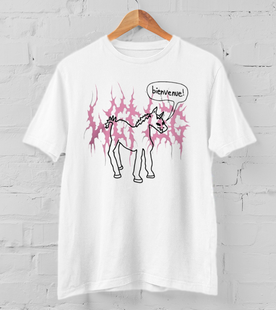 Bienvenue Cartoon Horned Unicorn Pink Flames T-Shirt