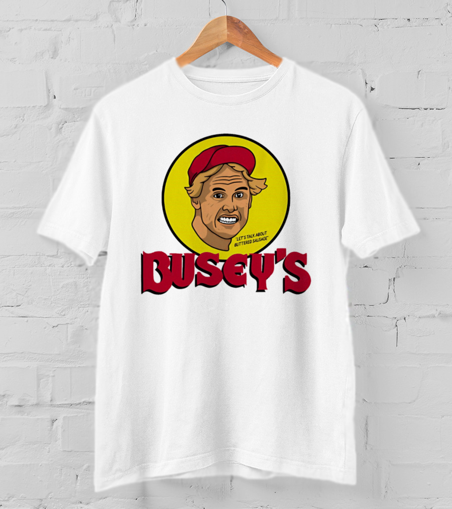 Busey's Let's Talk About Buttered Sausage Gary Busey Red Cap T-Shirt