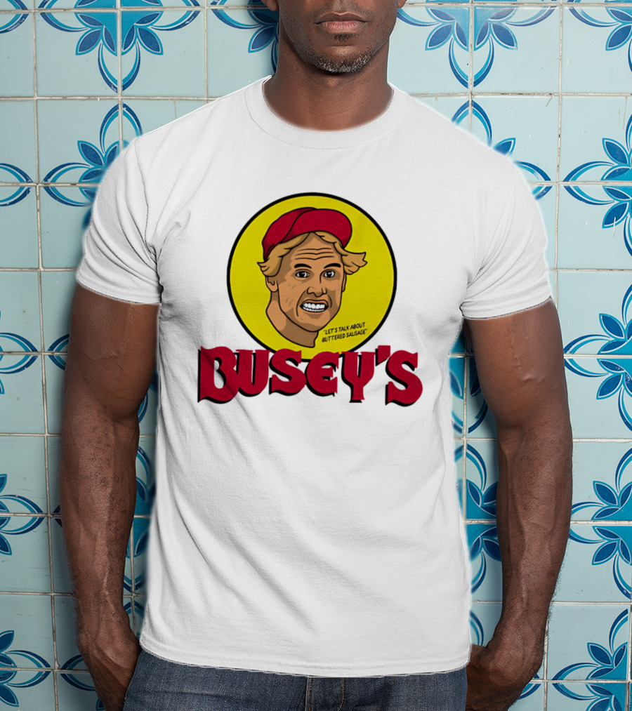 Busey's Let's Talk About Buttered Sausage Gary Busey Red Cap T-Shirt