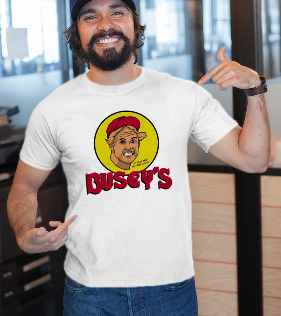 Busey's Let's Talk About Buttered Sausage Gary Busey Red Cap T-Shirt