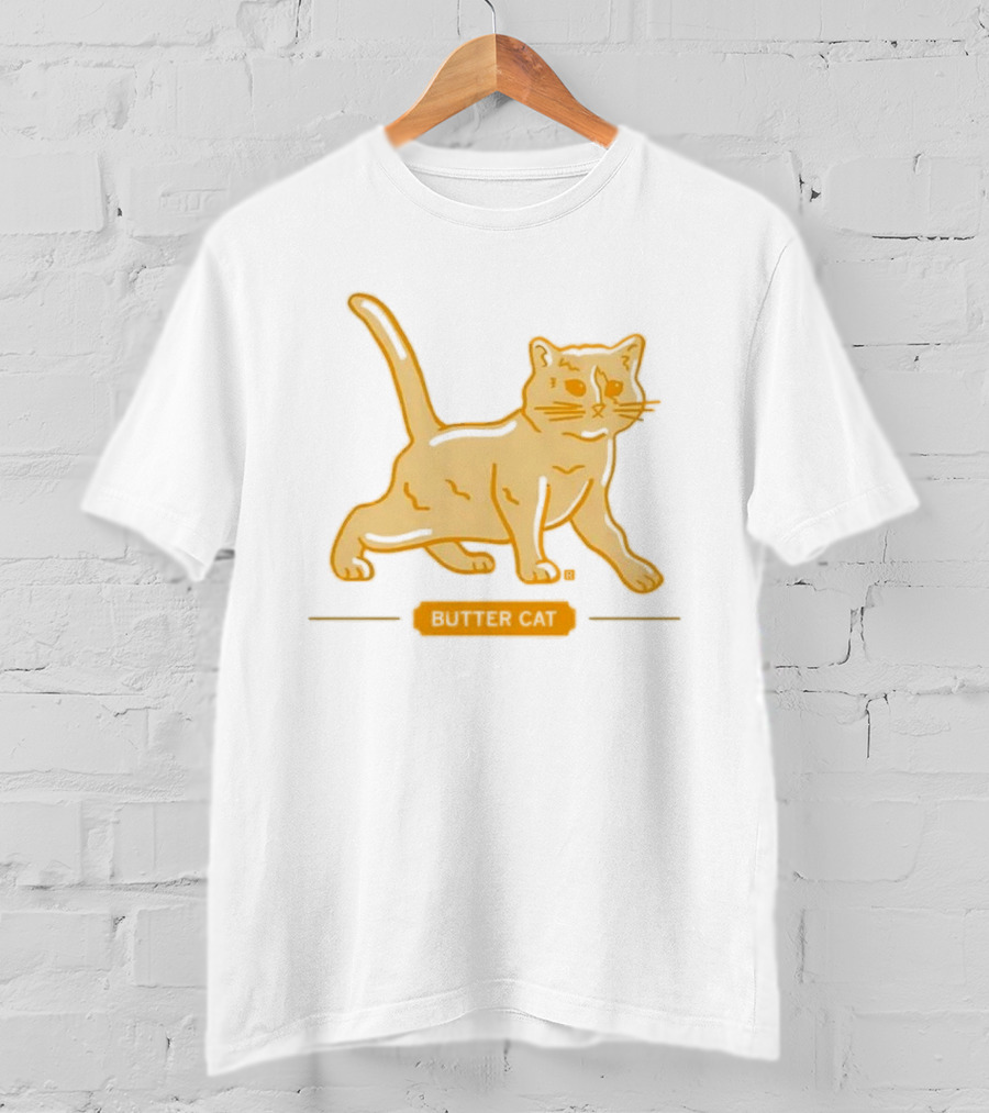 Butter Cat Yellow Orange Cartoon Walking Feline Line T-Shirt