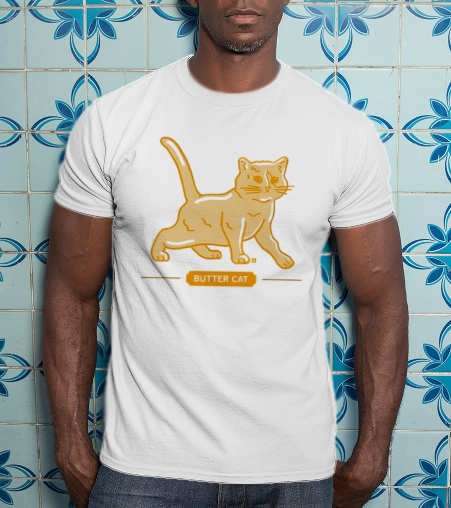 Butter Cat Yellow Orange Cartoon Walking Feline Line T-Shirt