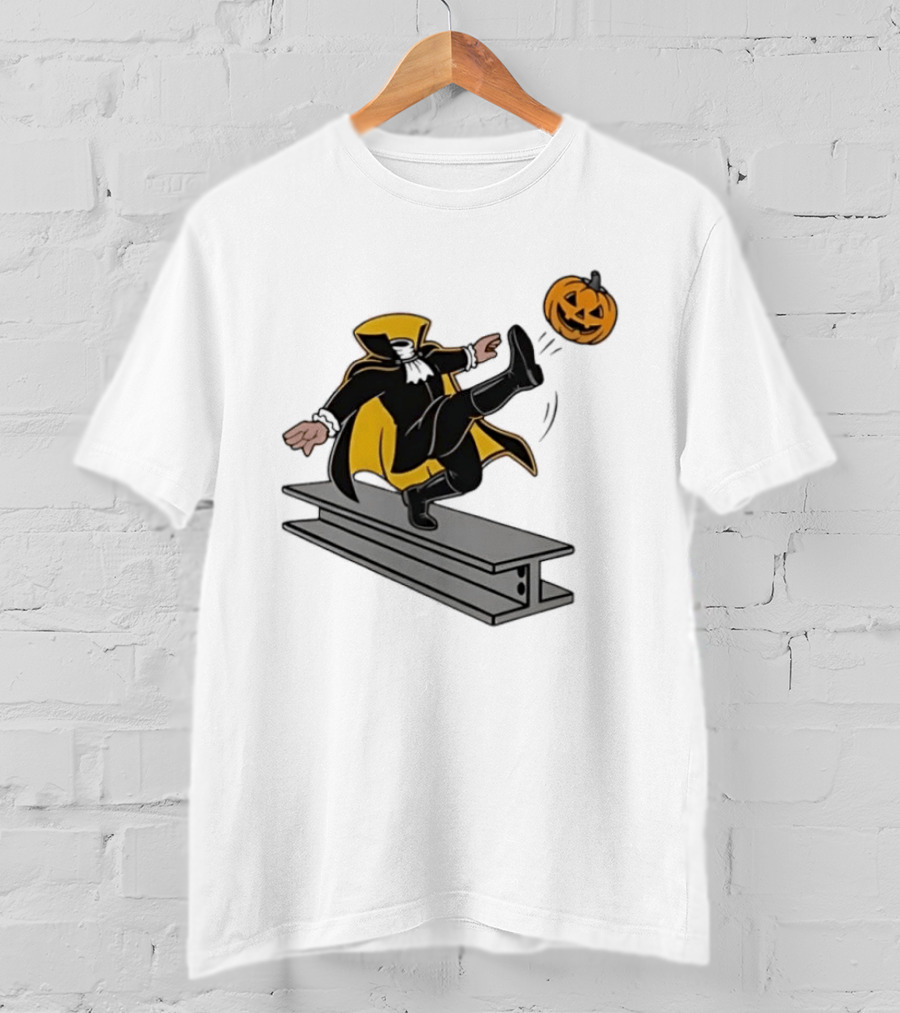 Cartoon Headless Horseman Kicking Jack O Lantern Pumpkin Steel Beam T-Shirt