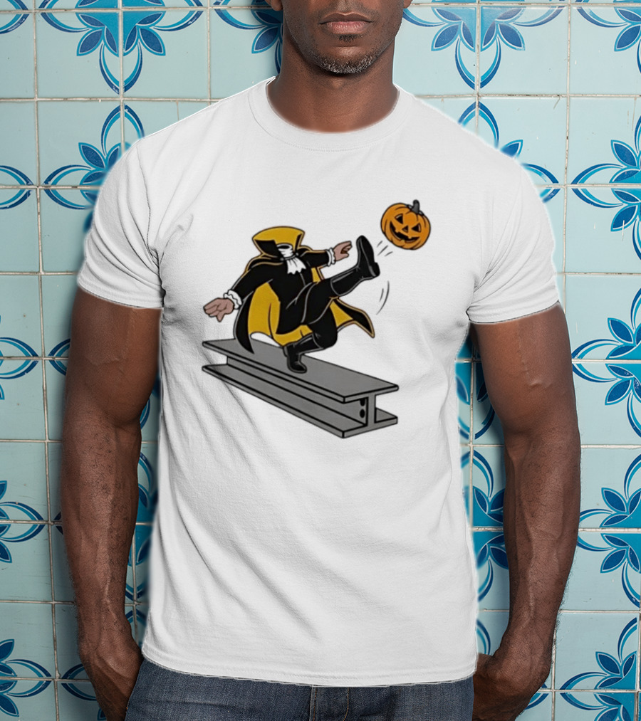 Cartoon Headless Horseman Kicking Jack O Lantern Pumpkin Steel Beam T-Shirt