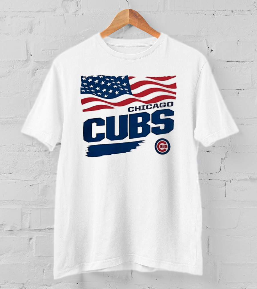 Chicago Cubs American Flag Waving Paint Brush Stroke MLB Cubs T-Shirt