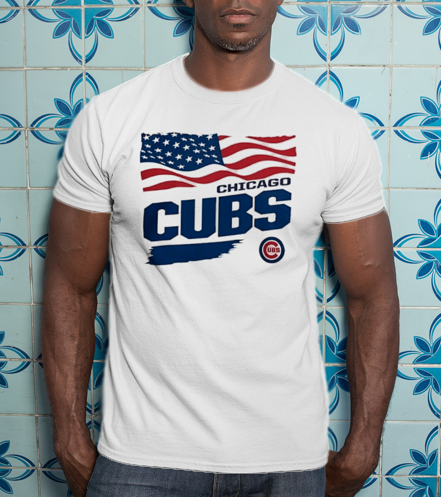 Chicago Cubs American Flag Waving Paint Brush Stroke MLB Cubs T-Shirt