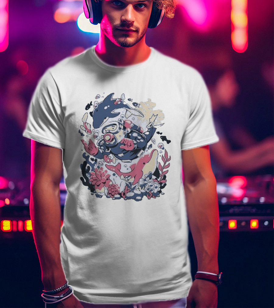 Fangamer Dolphins Dive Underwater Adventure With Diver And Marine Life T-Shirt
