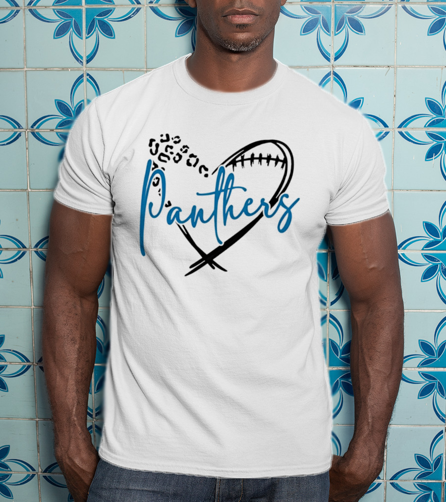 Panthers Heart Leopard Spots Football Laces Cursive Line T-Shirt