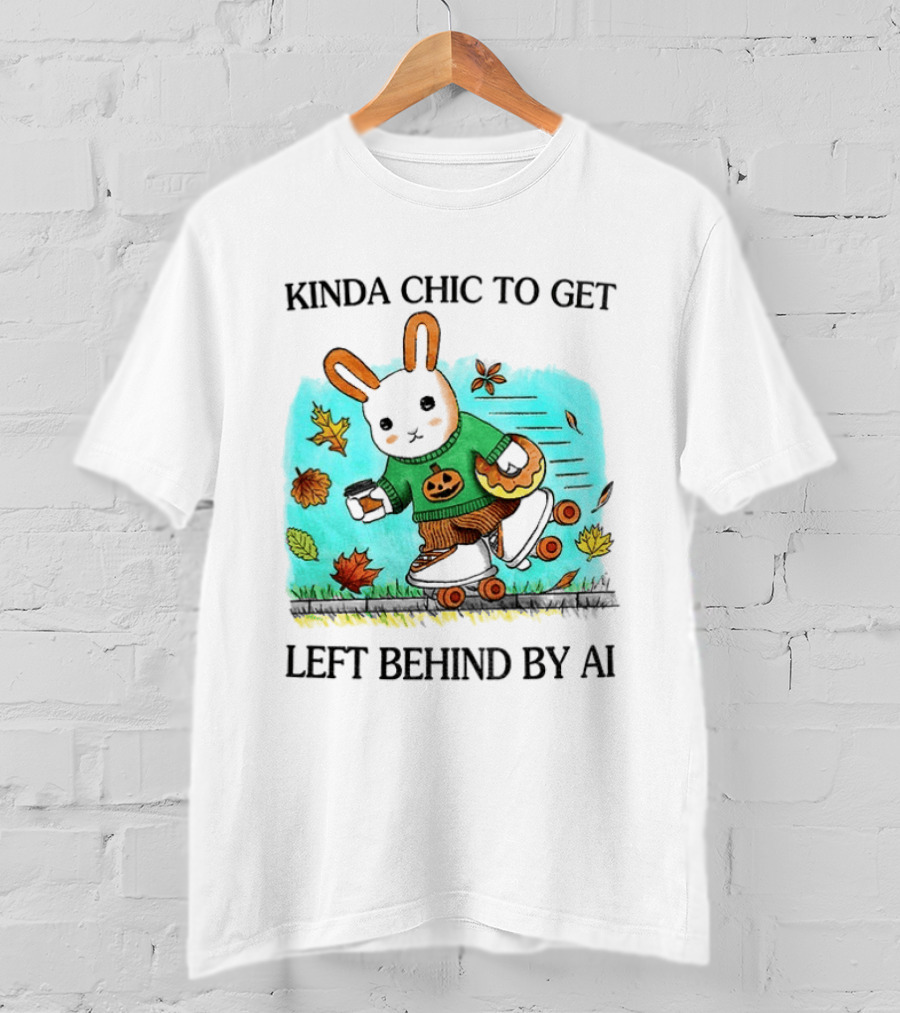 Kinda Chic Rabbit Roller Skating With Pumpkin Happy Fall Leaves Left Behind By AI T-Shirt