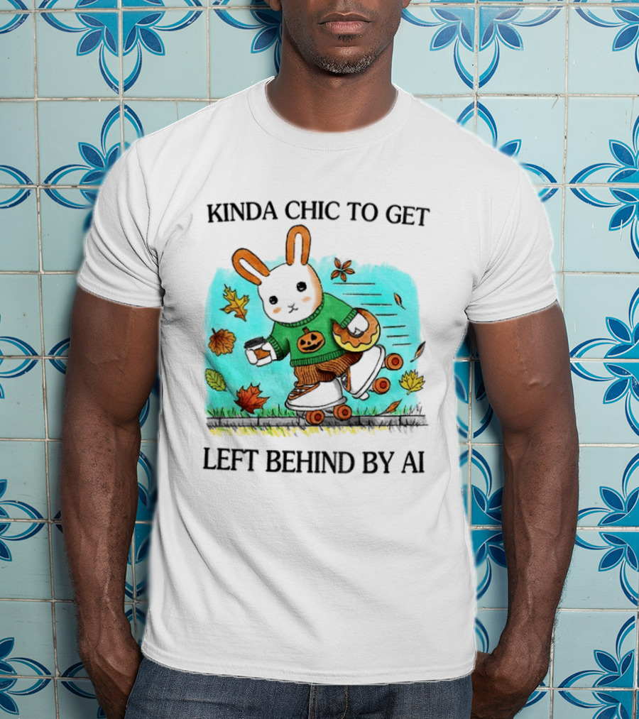 Kinda Chic Rabbit Roller Skating With Pumpkin Happy Fall Leaves Left Behind By AI T-Shirt