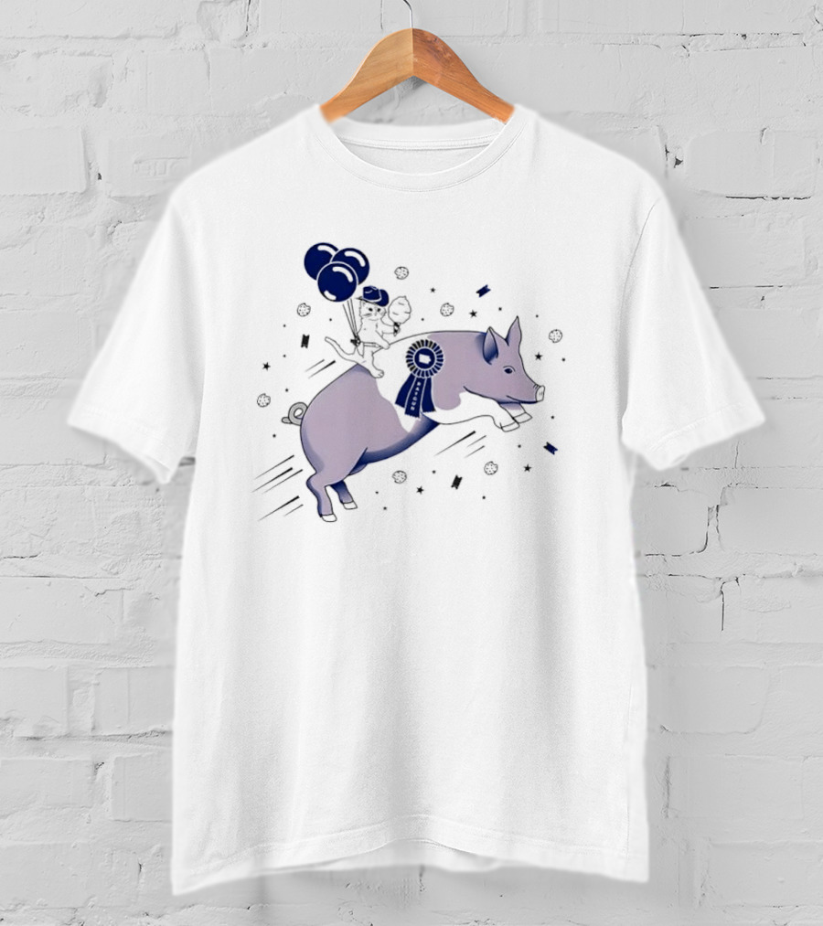 Raygun Cartoon Cowboy Cat Riding Flying Pig With Iowa Ribbon And Balloons T-Shirt