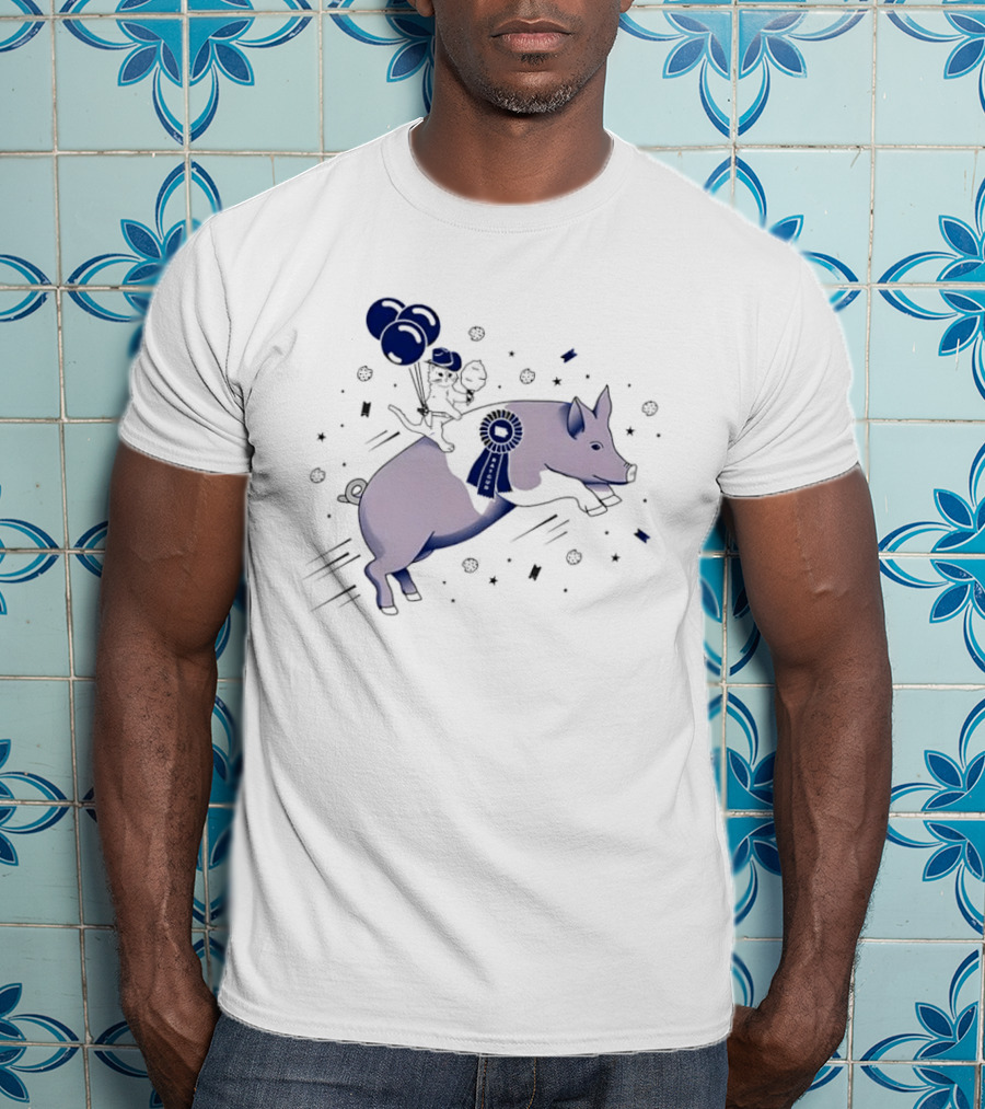Raygun Cartoon Cowboy Cat Riding Flying Pig With Iowa Ribbon And Balloons T-Shirt