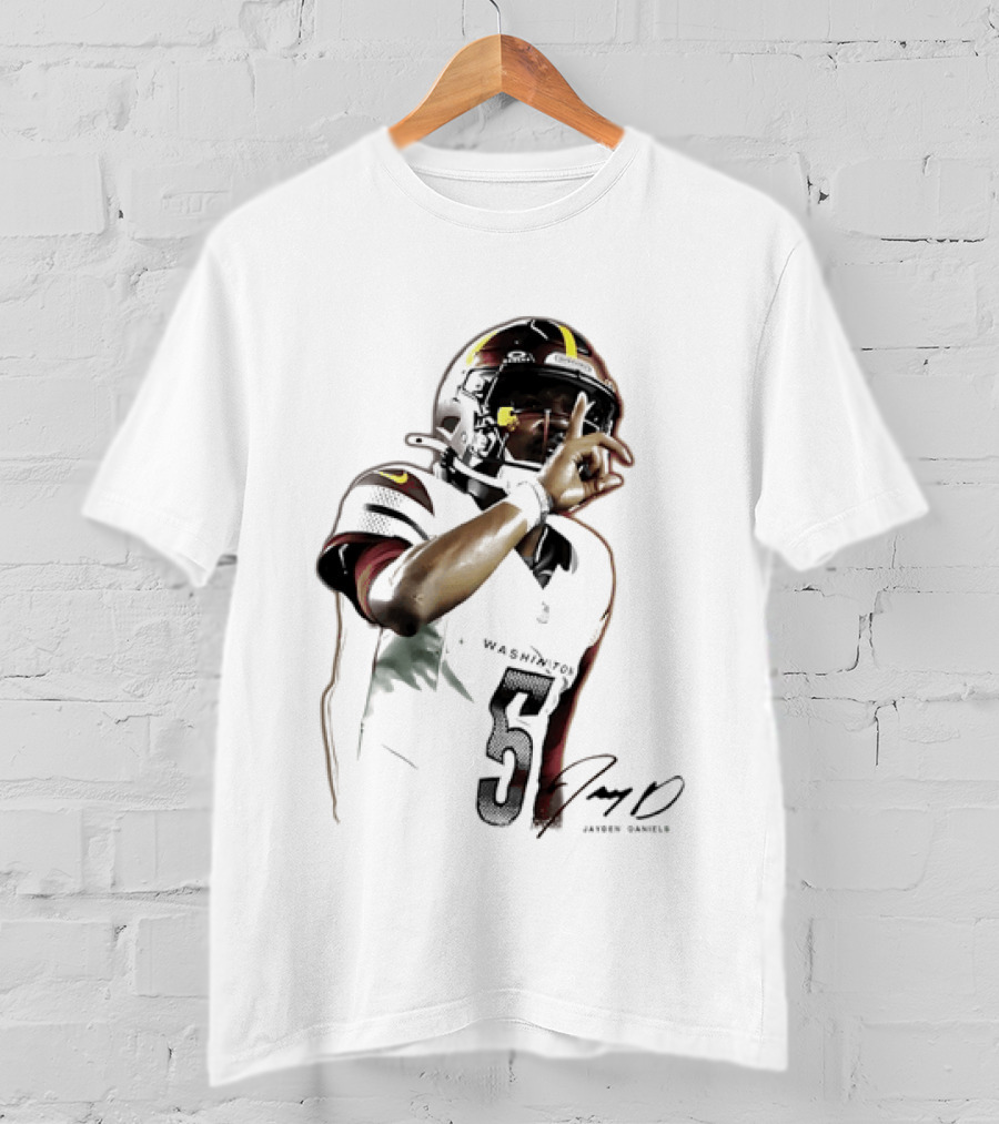 Washington Commanders Jayden Daniels Quarterback Finger To Lips Photo Cutout T-Shirt
