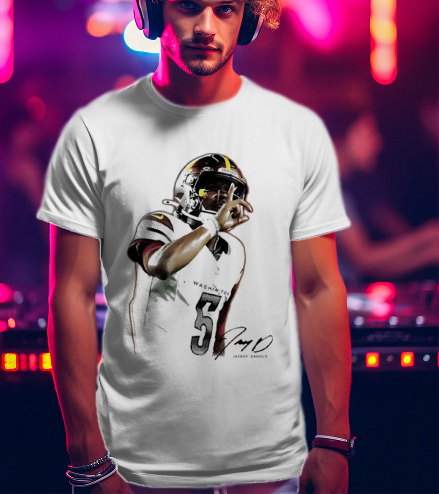 Washington Commanders Jayden Daniels Quarterback Finger To Lips Photo Cutout T-Shirt