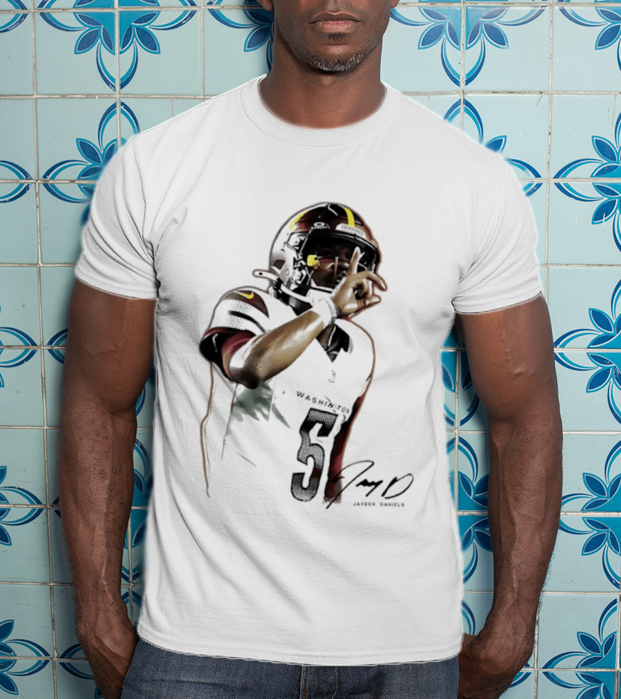 Washington Commanders Jayden Daniels Quarterback Finger To Lips Photo Cutout T-Shirt