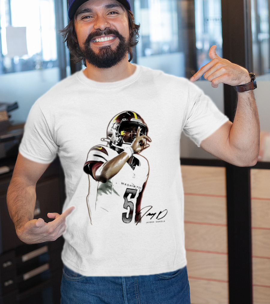 Washington Commanders Jayden Daniels Quarterback Finger To Lips Photo Cutout T-Shirt