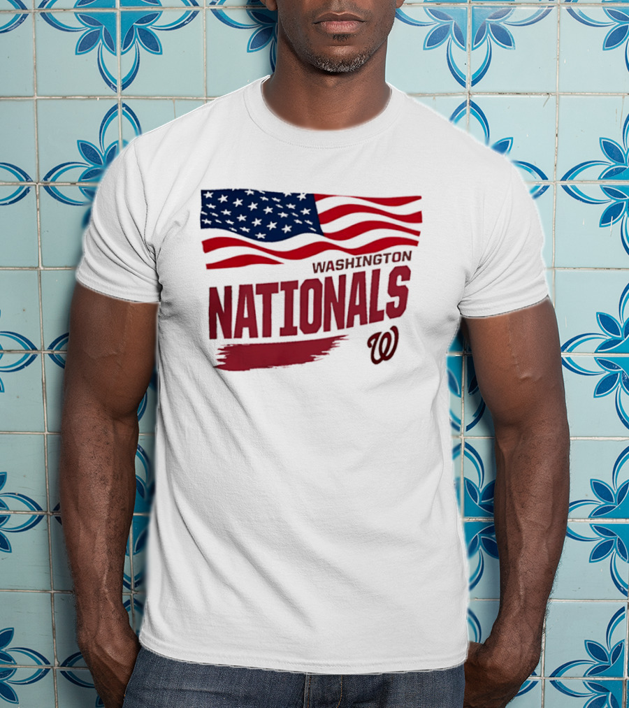 Washington Nationals Waving American Flag Red Brushstroke MLB T-Shirt