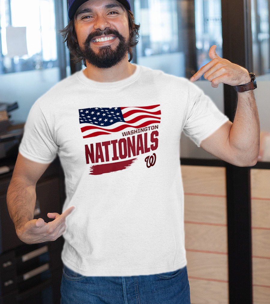 Washington Nationals Waving American Flag Red Brushstroke MLB T-Shirt